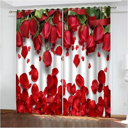 3D Red Rose Petal Blackout Curtains – Romantic Floral Window Drapes
