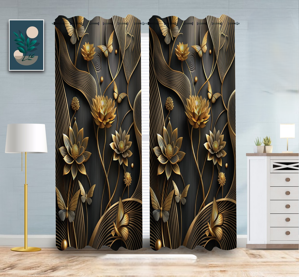 3D gold floral curtains, black and gold drapes, luxury window curtains, living room décor, bedroom window treatment, butterfly design curtains, modern home décor, decorative drapes, elegant curtain design, premium floral window panels