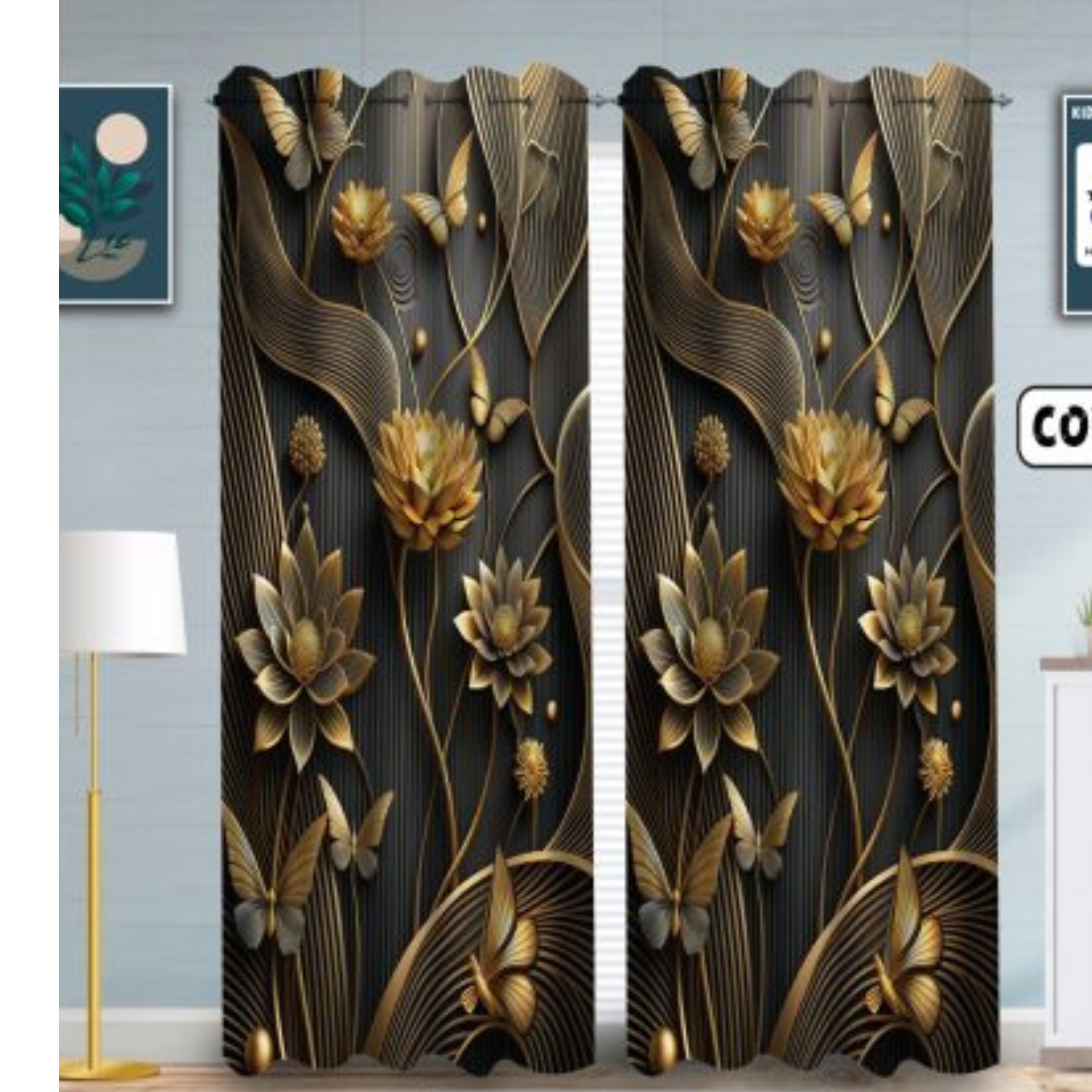3D Luxury Black & Gold Floral Butterfly Curtains – Elegant Drapes for Living Room & Bedroom - Image 2