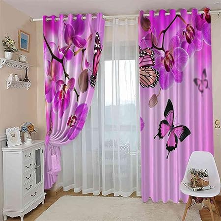 3D Pink Orchid & Butterfly Curtains – Elegant Window Drapes for Living Room & Bedroom